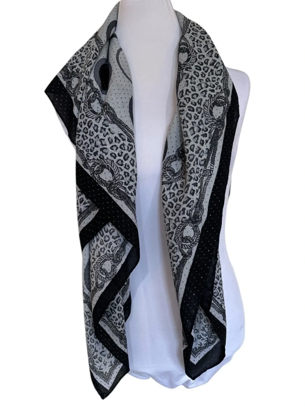 Black Gray Ivory Large Square Foulard Scarf Gold Metallic Dot Sheer Wrap 41”